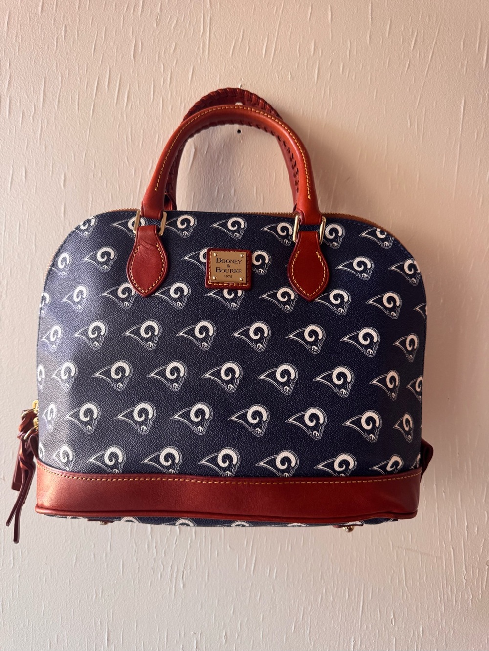 Dooney & Bourke Navy and Brown Rams Patterned Leather Satchel